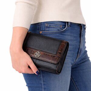 BRIGHTON Leather Nepal Organizer Pouch Bag Wallet Clutch Black Brown 7.5" x 5.5"